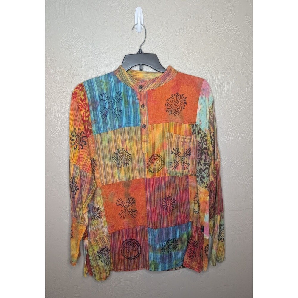 Gringo Fairtrade Womens XLarge Tye Dye Patchwork Popover Tunic Top Pockets